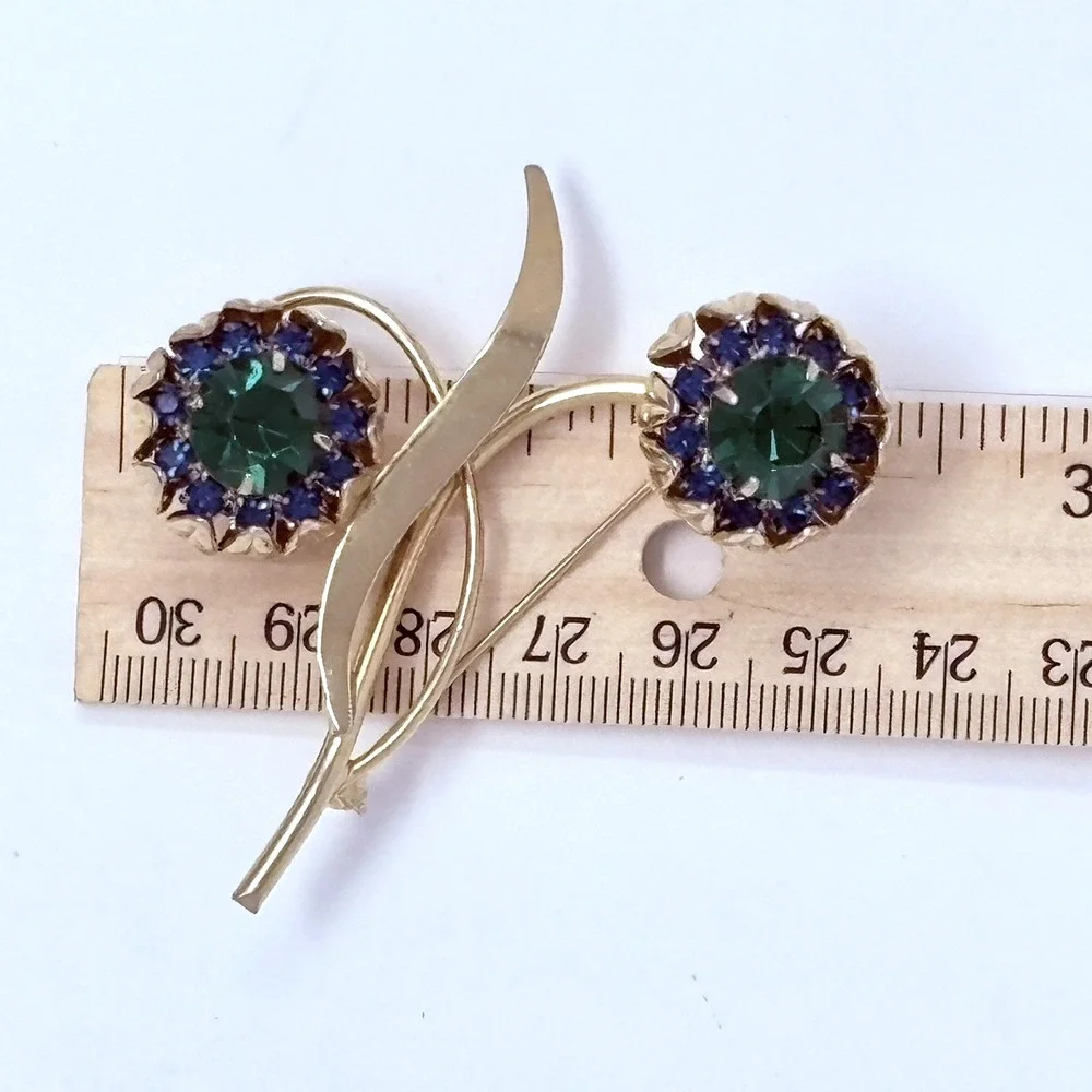 Vintage Green And Blue Rhinestone Goldtone Flower Brooch 2-1/2